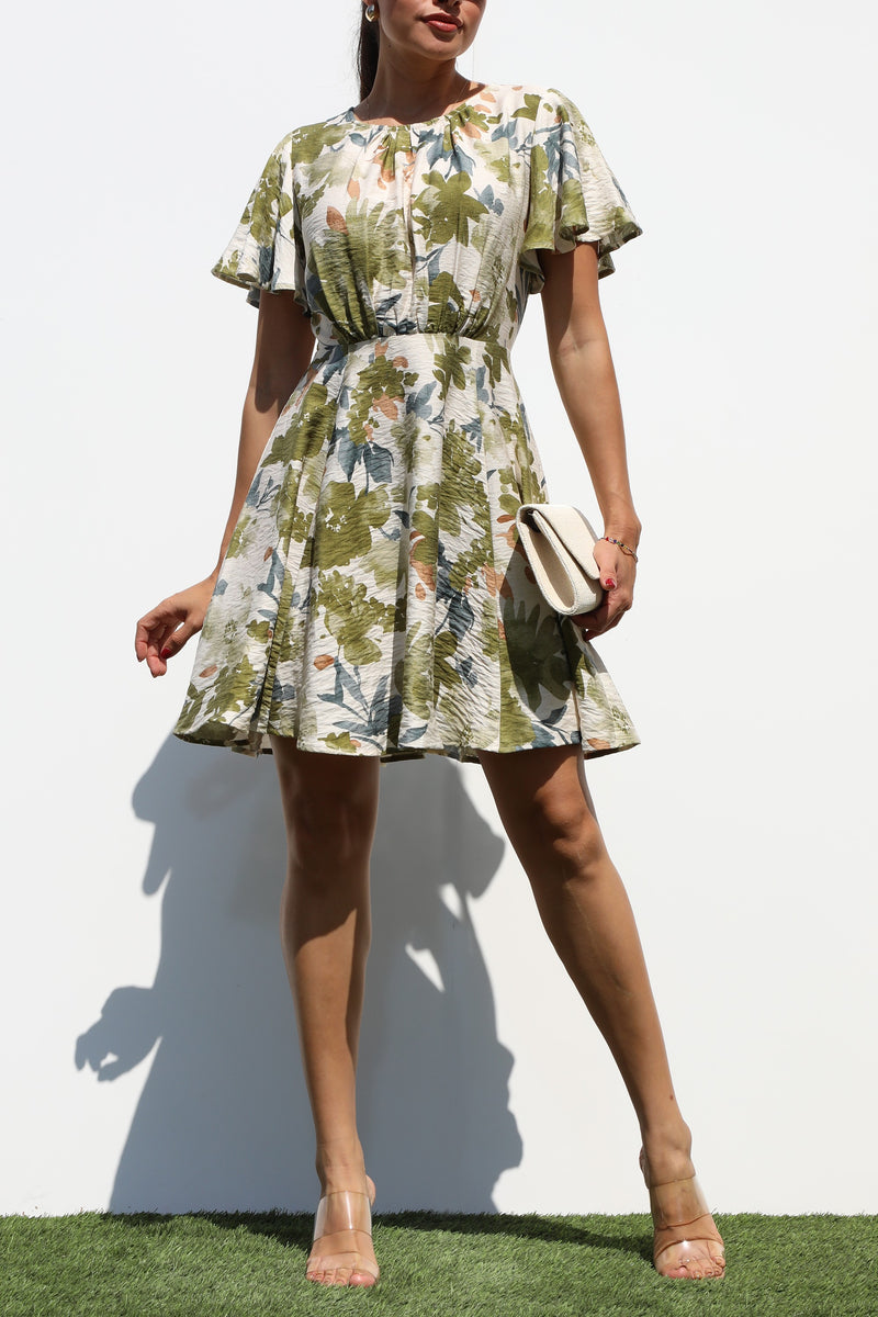DD7018, PRINTED ROUND NECK WOVEN MINI DRESS
