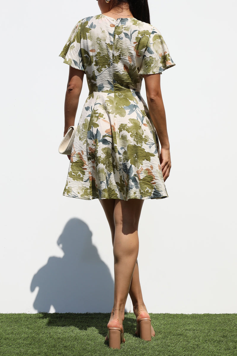 DD7018, PRINTED ROUND NECK WOVEN MINI DRESS