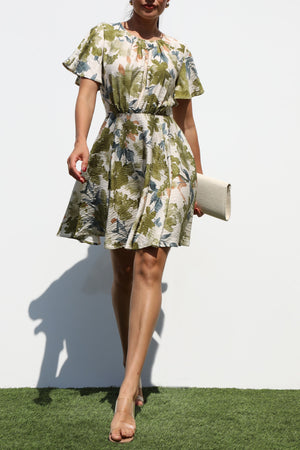 DD7018, PRINTED ROUND NECK WOVEN MINI DRESS