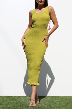 DD7229, SMOCKED BODYCON MIDI DRESS