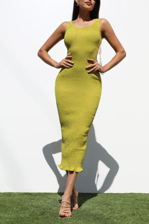 DD7229, SMOCKED BODYCON MIDI DRESS