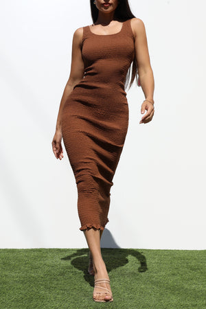 DD7229, SMOCKED BODYCON MIDI DRESS