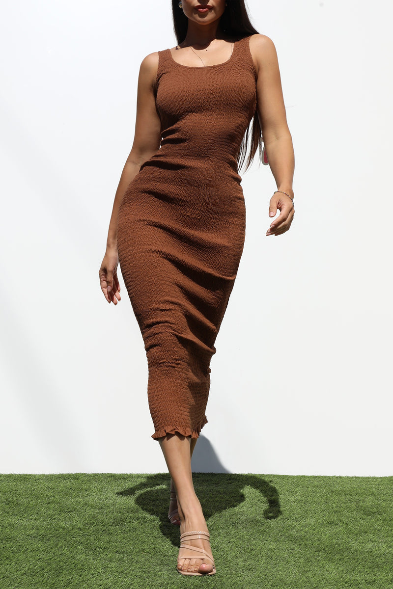 DD7229, SMOCKED BODYCON MIDI DRESS