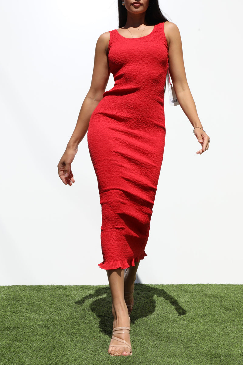 DD7229, SMOCKED BODYCON MIDI DRESS