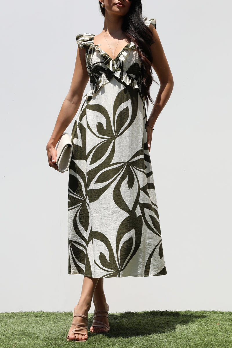 DD7320, SMOCKED TOP WOVEN MIDI DRESS