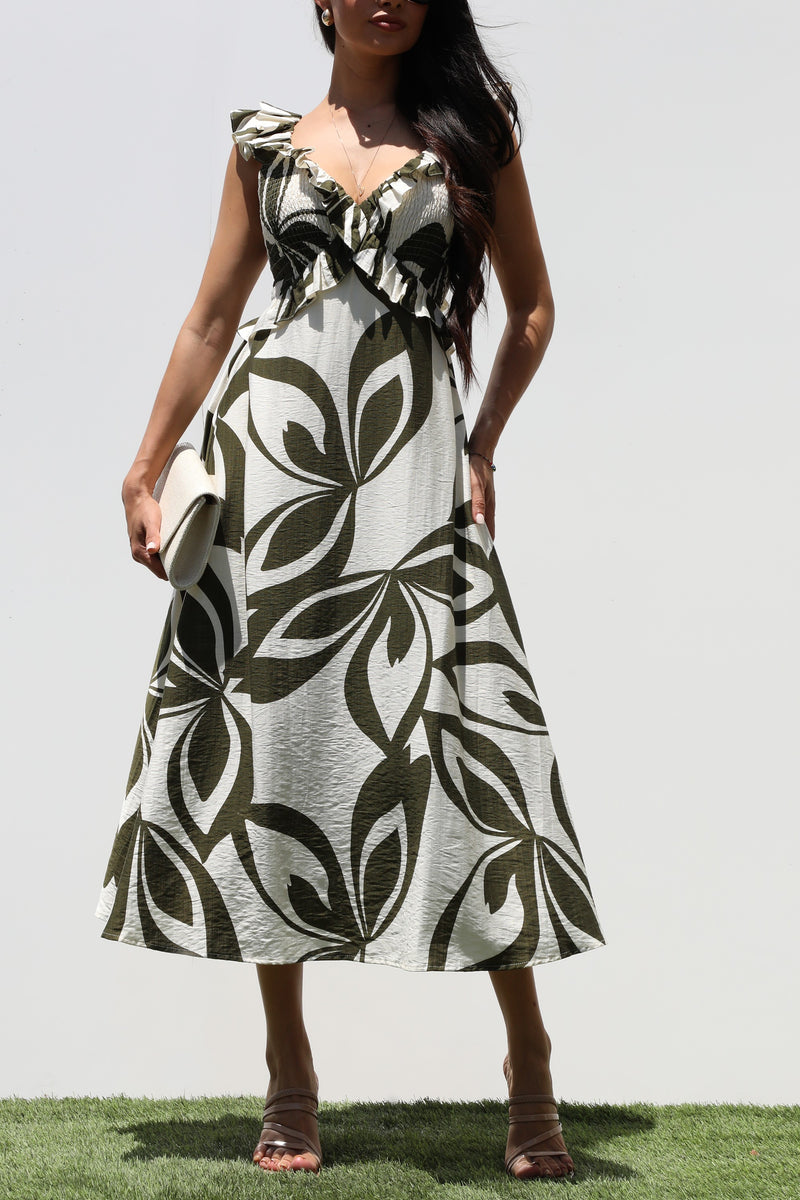 DD7320, SMOCKED TOP WOVEN MIDI DRESS