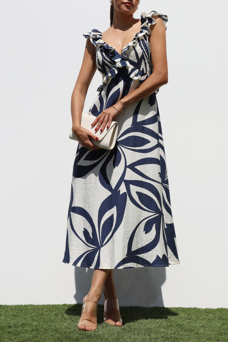 DD7320, SMOCKED TOP WOVEN MIDI DRESS