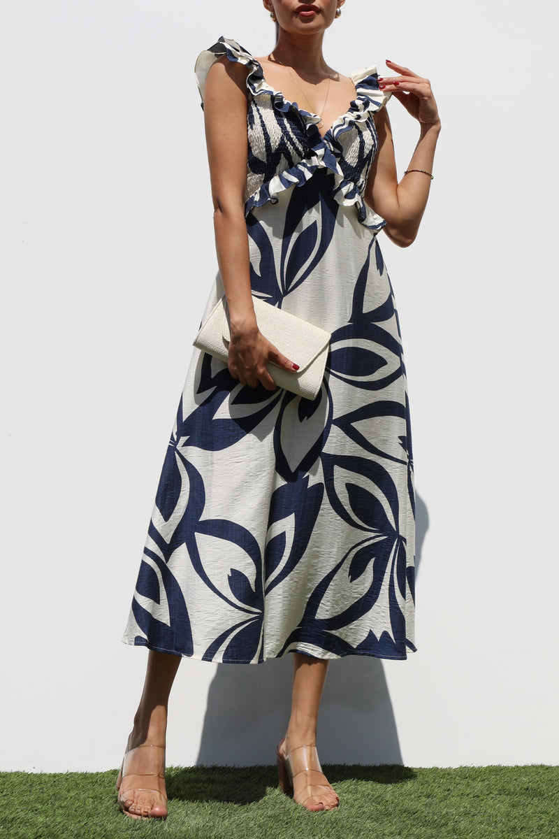 DD7320, SMOCKED TOP WOVEN MIDI DRESS