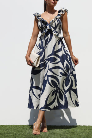DD7320, SMOCKED TOP WOVEN MIDI DRESS