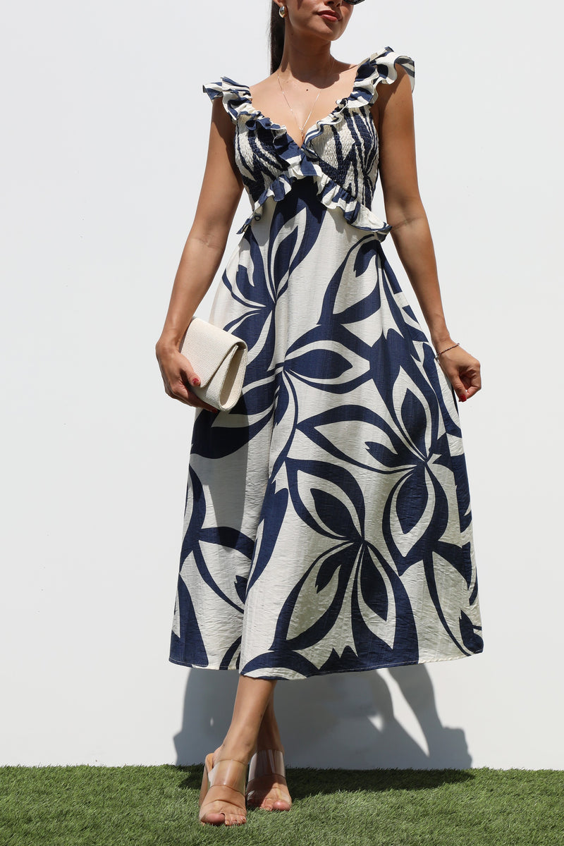 DD7320, SMOCKED TOP WOVEN MIDI DRESS