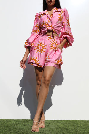 DD7268, PRINTED BUTTON DOWN WOVEN TOP AND SHORTS SET