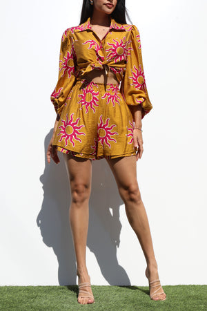 DD7268, PRINTED BUTTON DOWN WOVEN TOP AND SHORTS SET