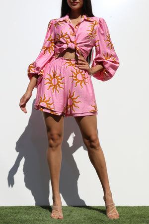 DD7268, PRINTED BUTTON DOWN WOVEN TOP AND SHORTS SET