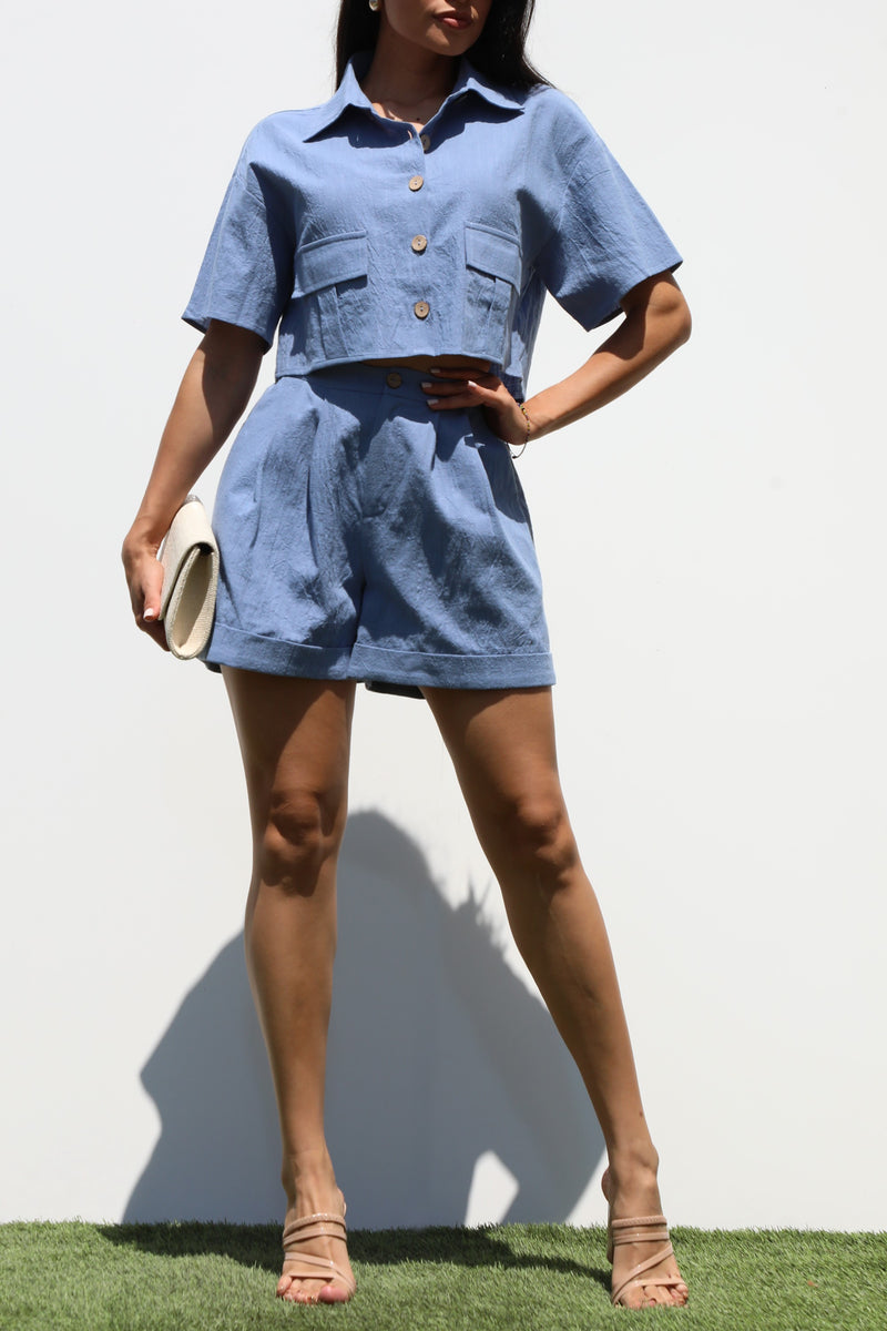 DD7332, BUTTON DOWN WOVEN TOP AND PANTS SET