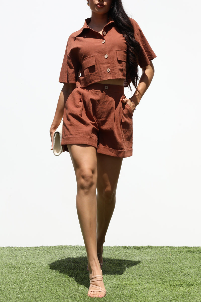 DD7332, BUTTON DOWN WOVEN TOP AND PANTS SET