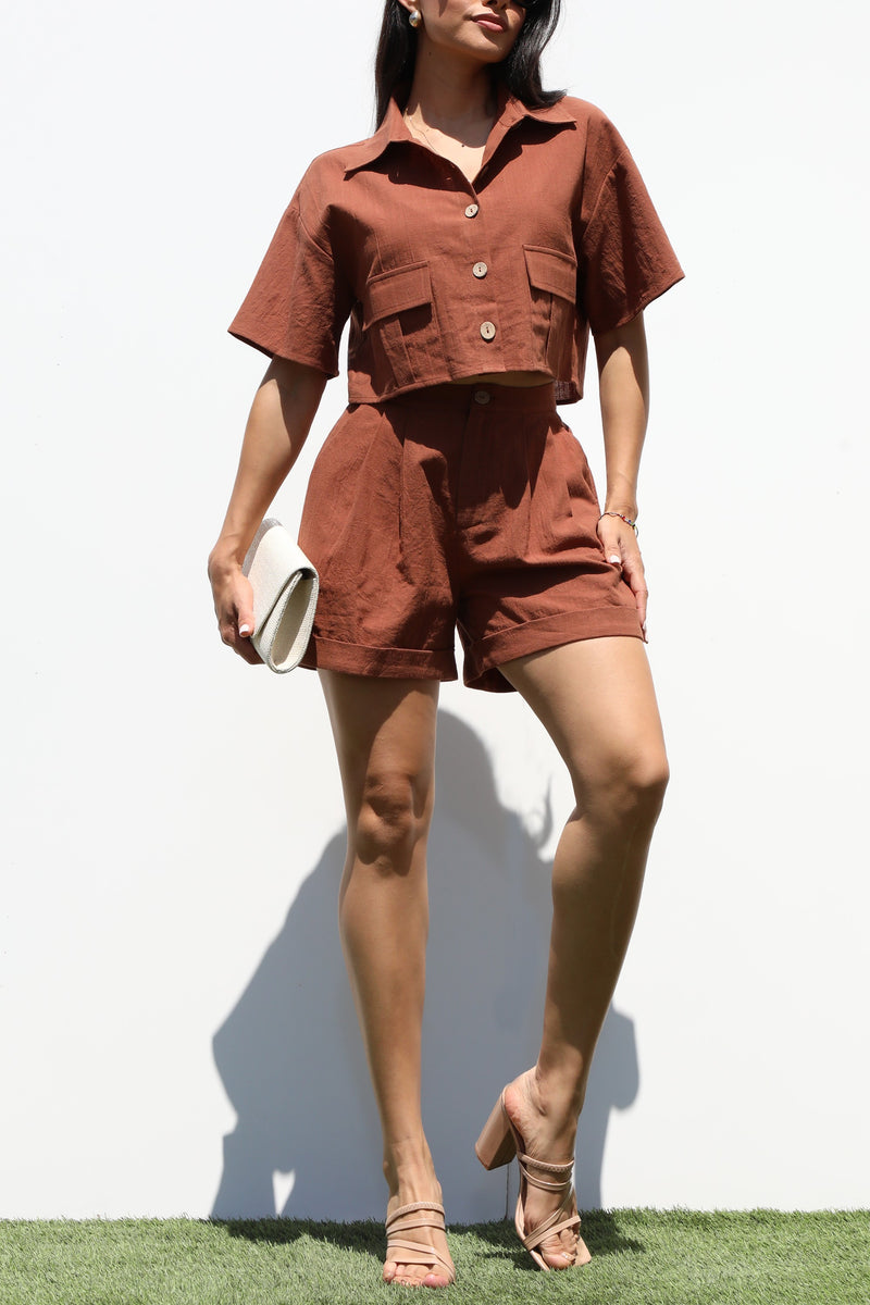 DD7332, BUTTON DOWN WOVEN TOP AND PANTS SET