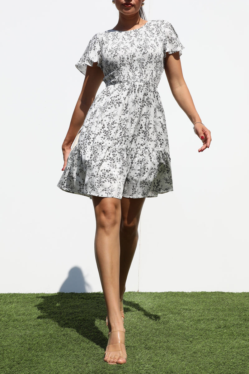 DD7329, SMOCKED TOP WOVEN MINI DRESS