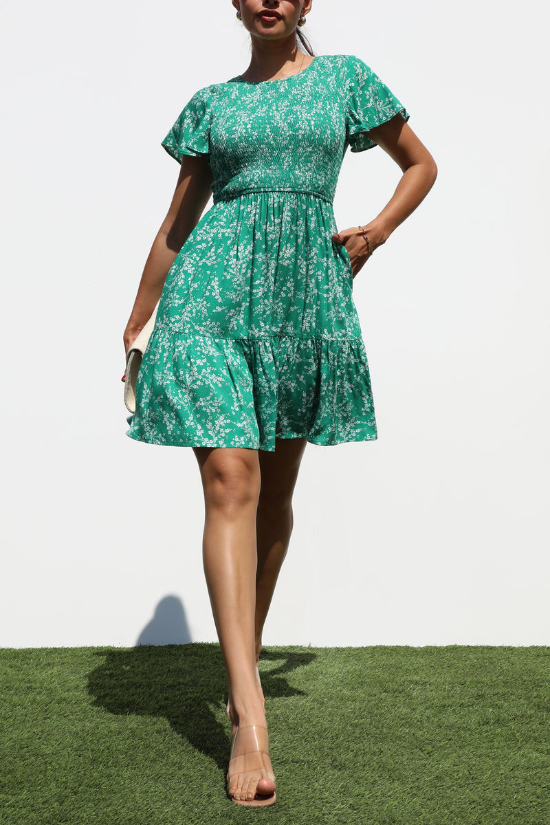 DD7329, SMOCKED TOP WOVEN MINI DRESS