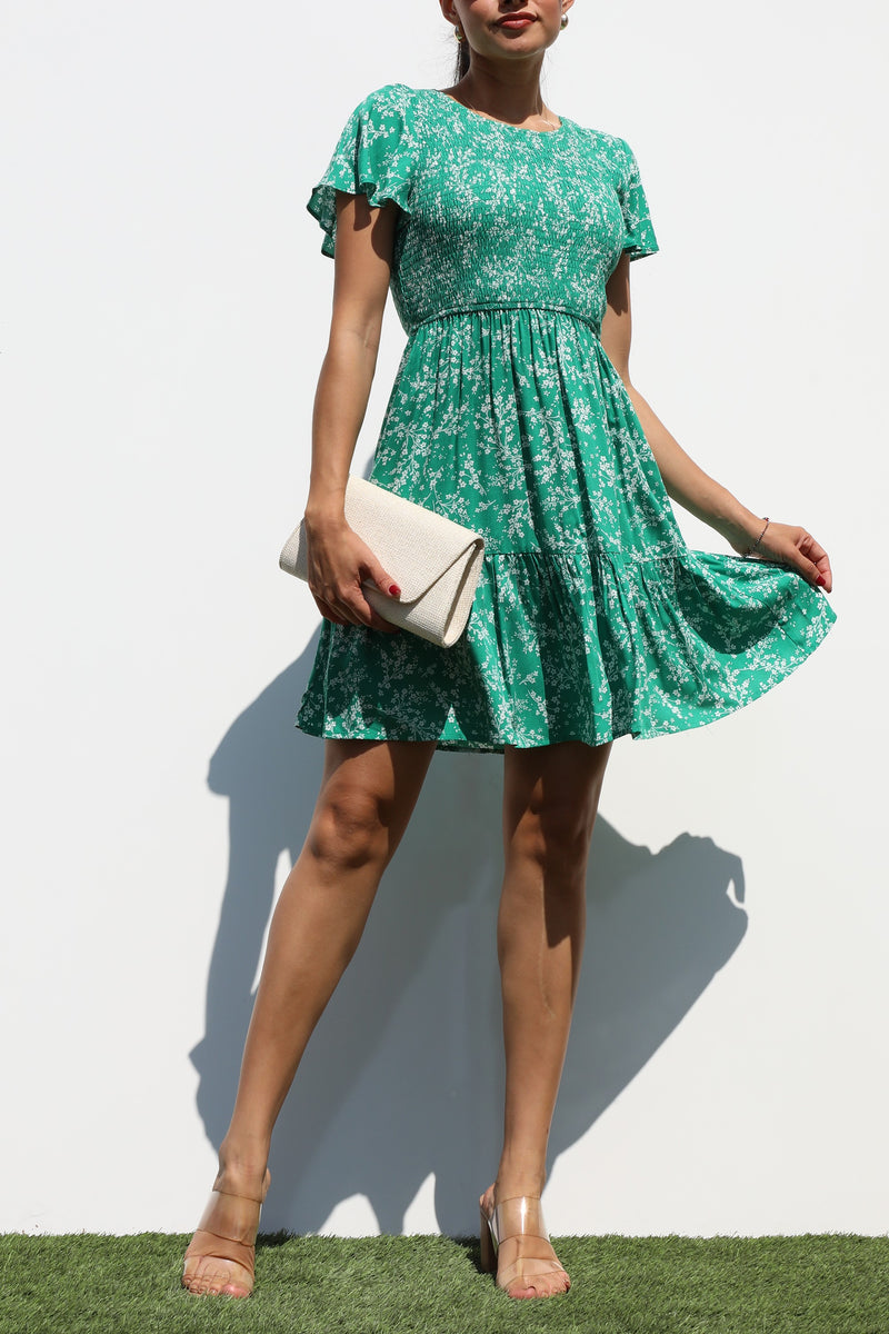 DD7329, SMOCKED TOP WOVEN MINI DRESS
