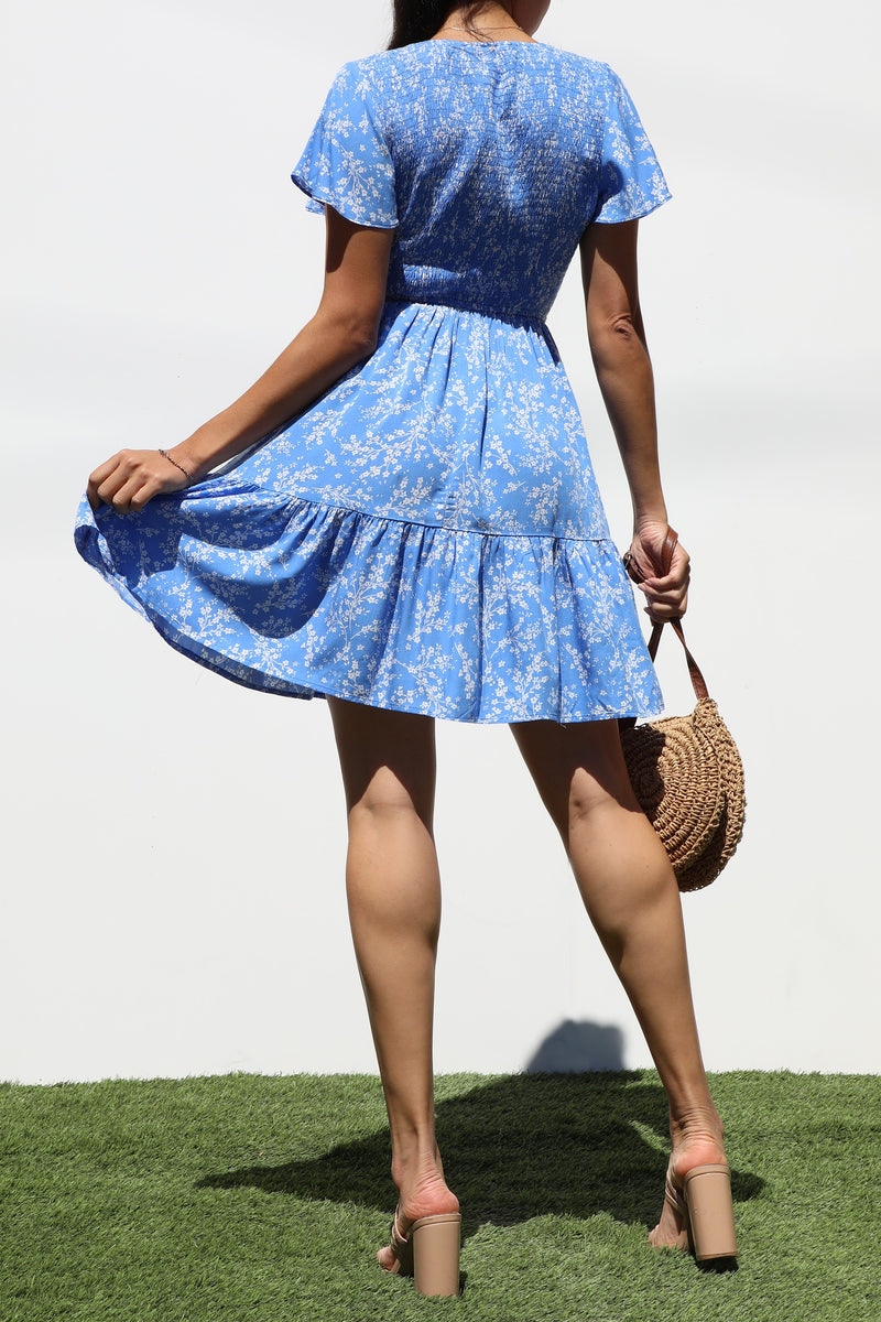 DD7329, SMOCKED TOP WOVEN MINI DRESS