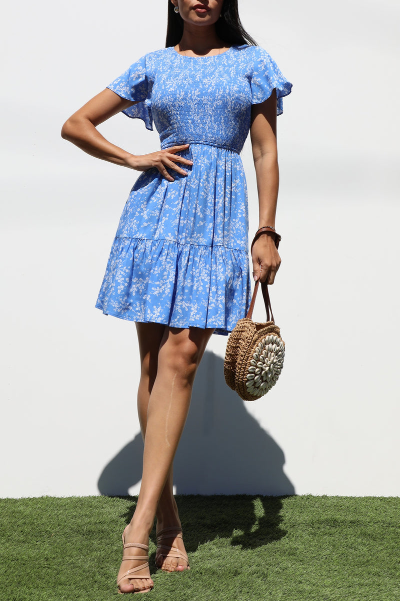 DD7329, SMOCKED TOP WOVEN MINI DRESS