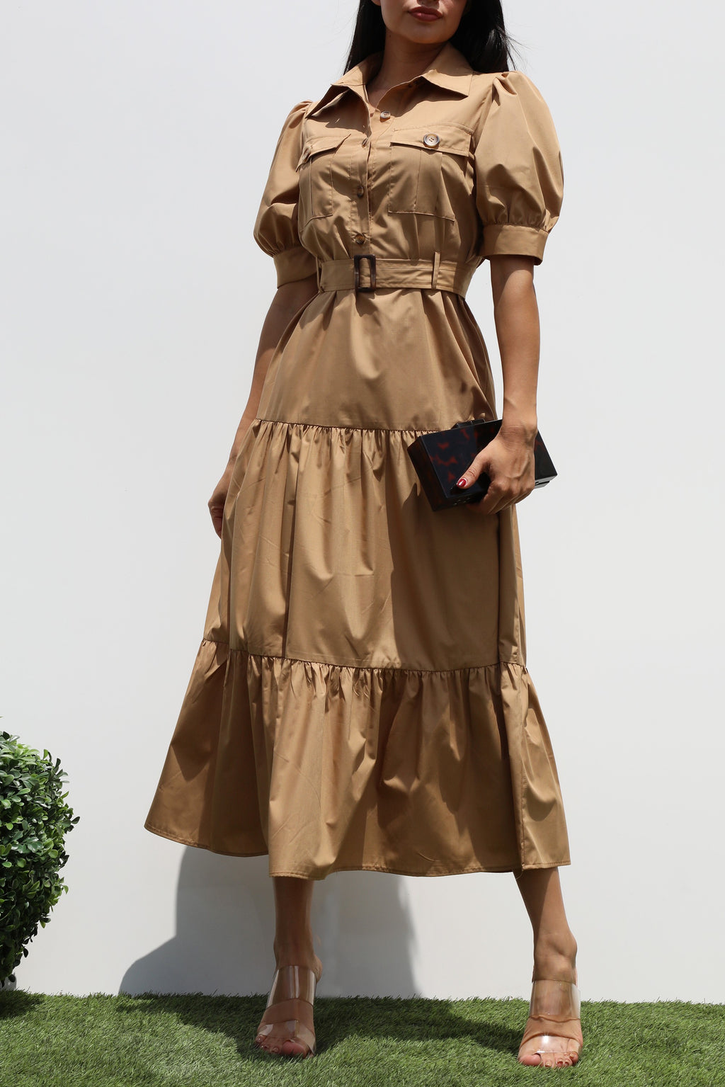 DD7393, BUTTON DOWN WOVEN MIDI DRESS