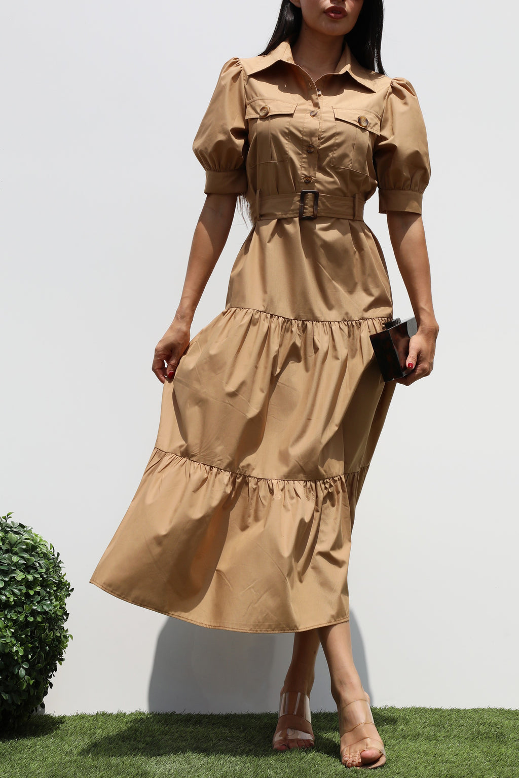 DD7393, BUTTON DOWN WOVEN MIDI DRESS