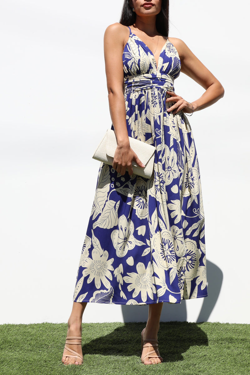 DD7282, PRINTED V NECK WOVEN MIDI DRESS