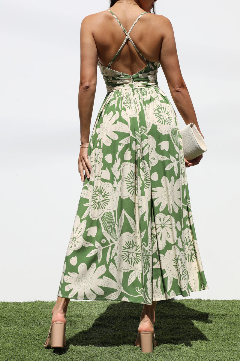 DD7282, PRINTED V NECK WOVEN MIDI DRESS