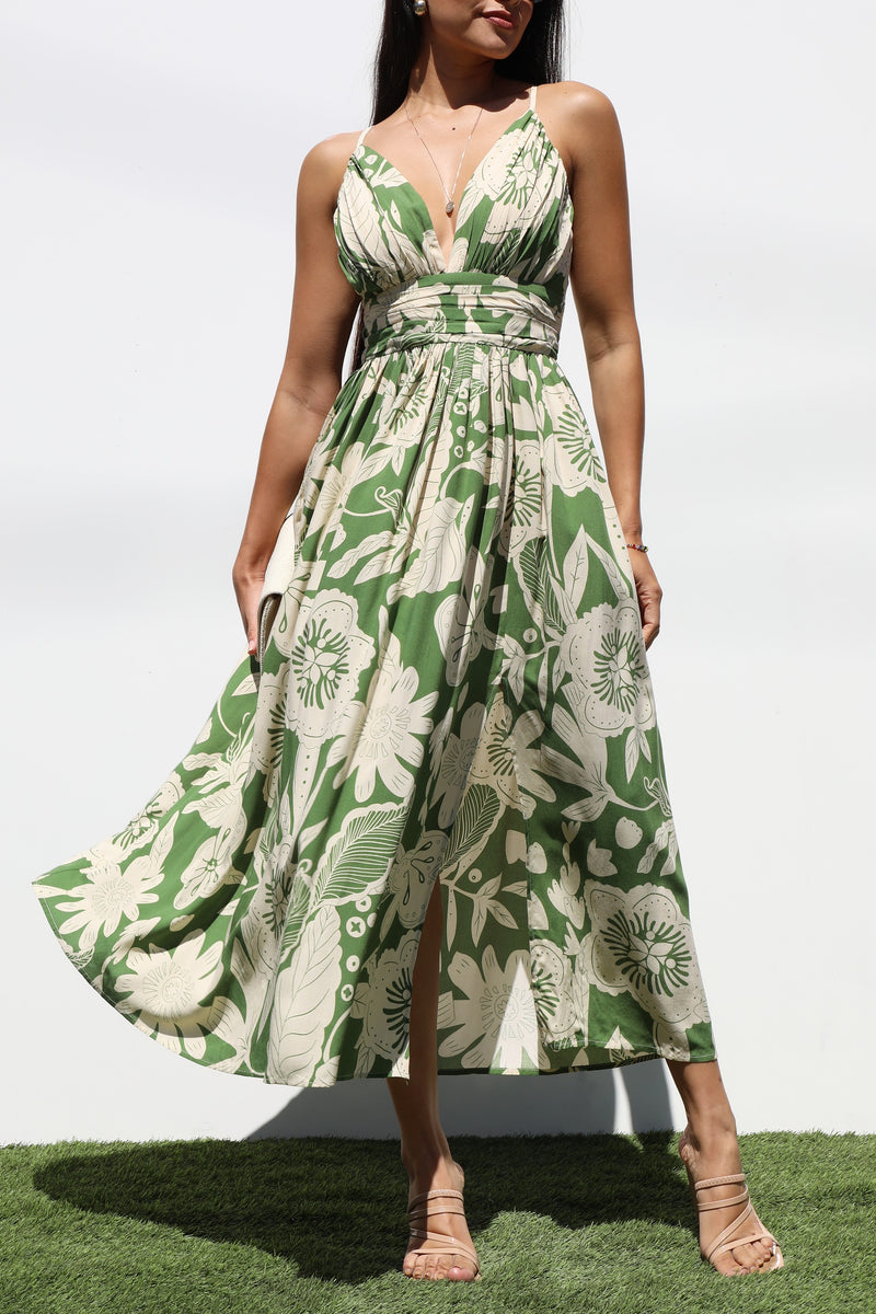 DD7282, PRINTED V NECK WOVEN MIDI DRESS