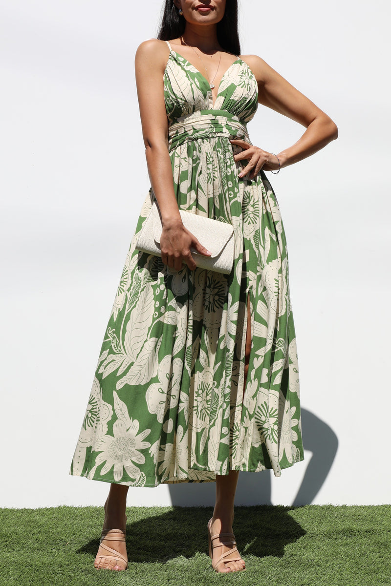 DD7282, PRINTED V NECK WOVEN MIDI DRESS
