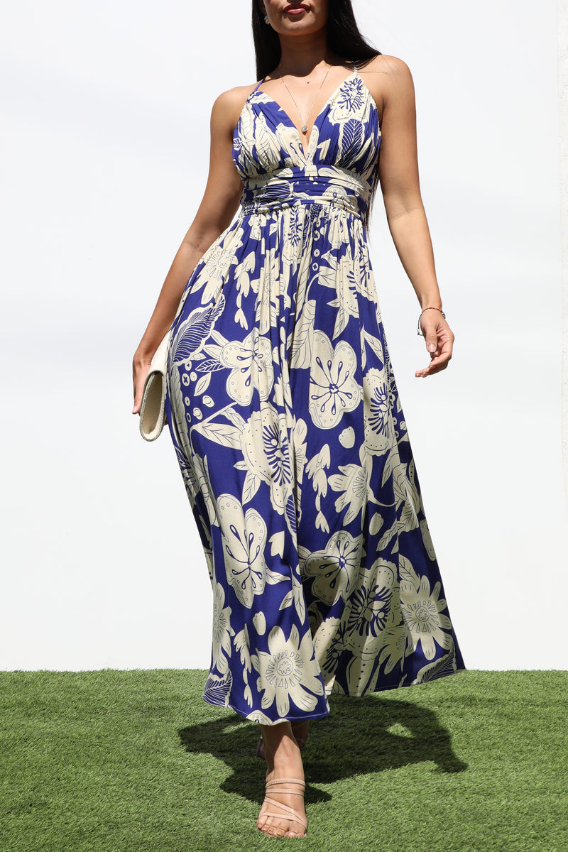 DD7282, PRINTED V NECK WOVEN MIDI DRESS
