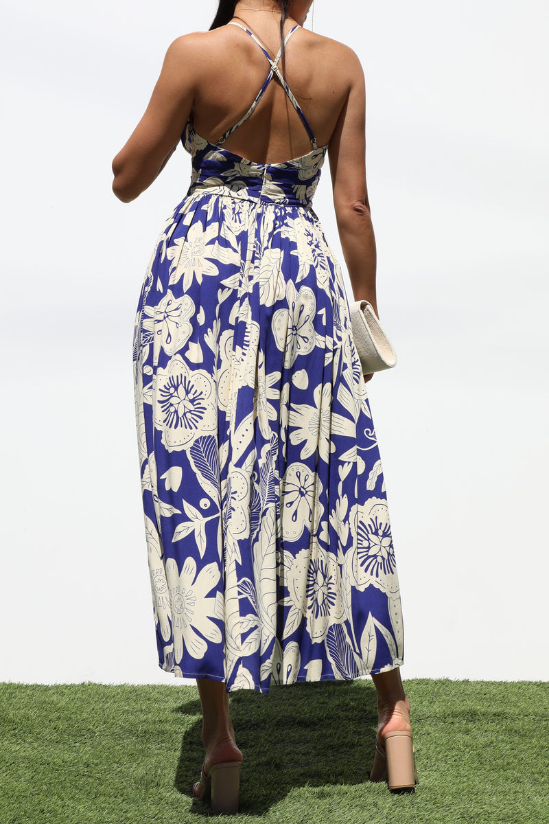 DD7282, PRINTED V NECK WOVEN MIDI DRESS