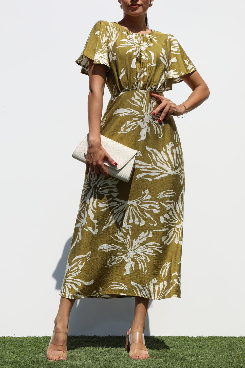 DD7323, RUCHED NECK WOVEN MIDI DRESS