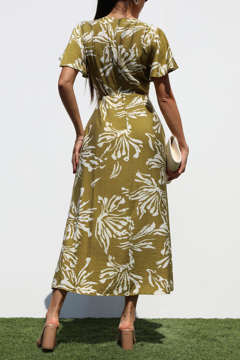 DD7323, RUCHED NECK WOVEN MIDI DRESS