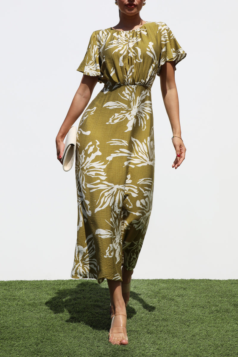 DD7323, RUCHED NECK WOVEN MIDI DRESS