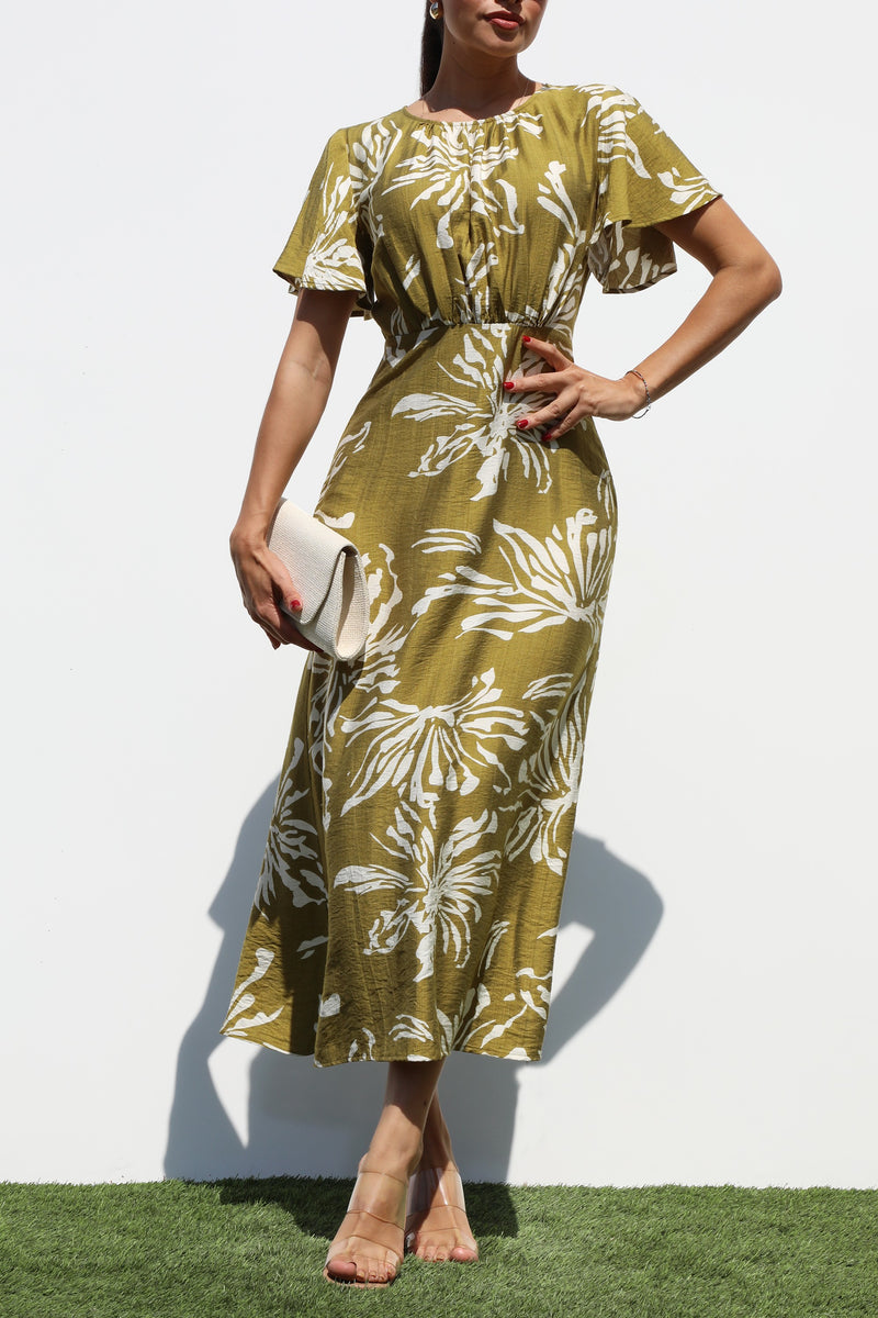 DD7323, RUCHED NECK WOVEN MIDI DRESS