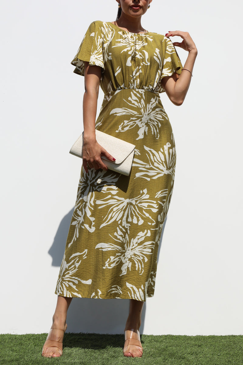 DD7323, RUCHED NECK WOVEN MIDI DRESS