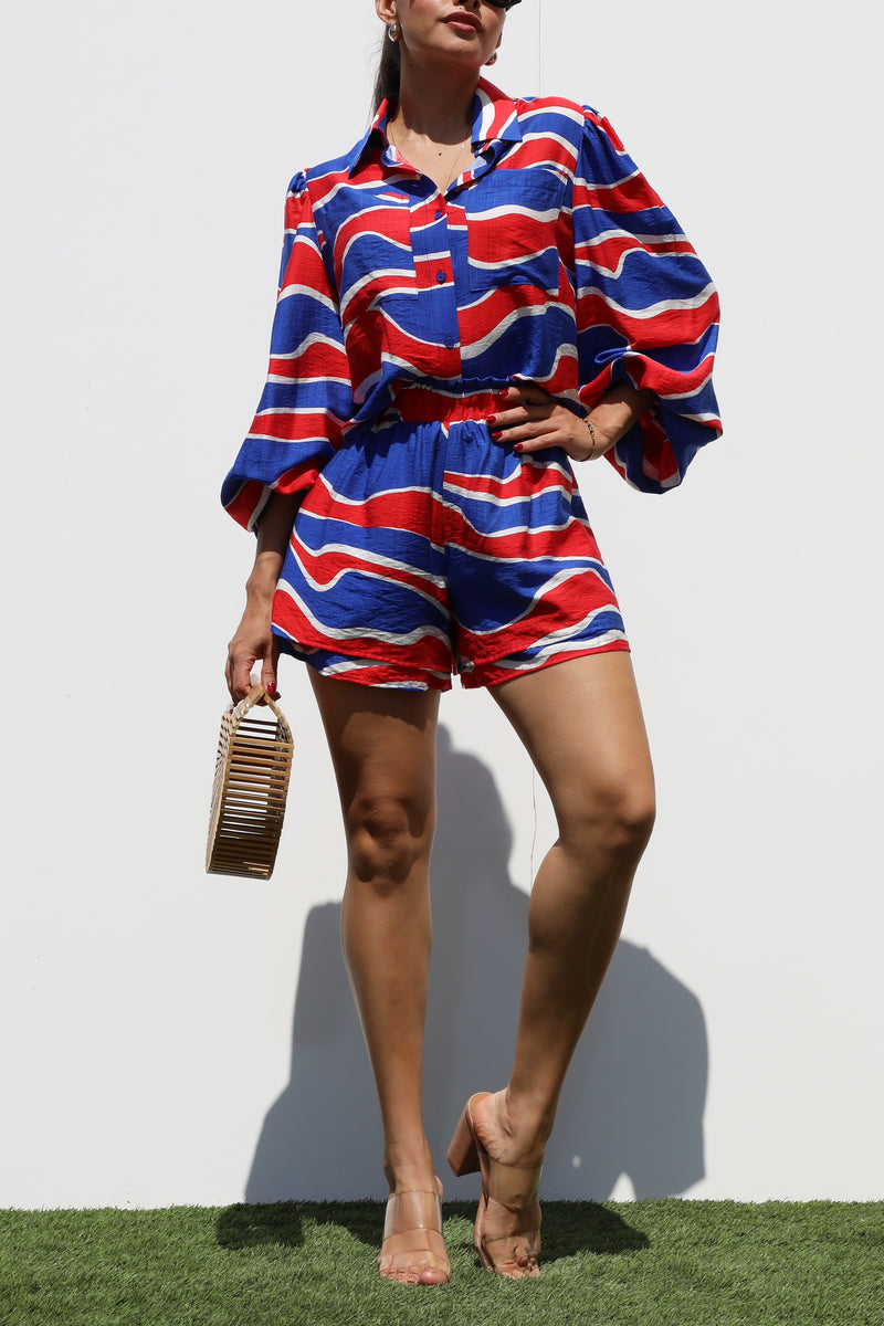 DD7328, BUTTON DOWN WOVEN SHIRT TOP AND PANTS SET