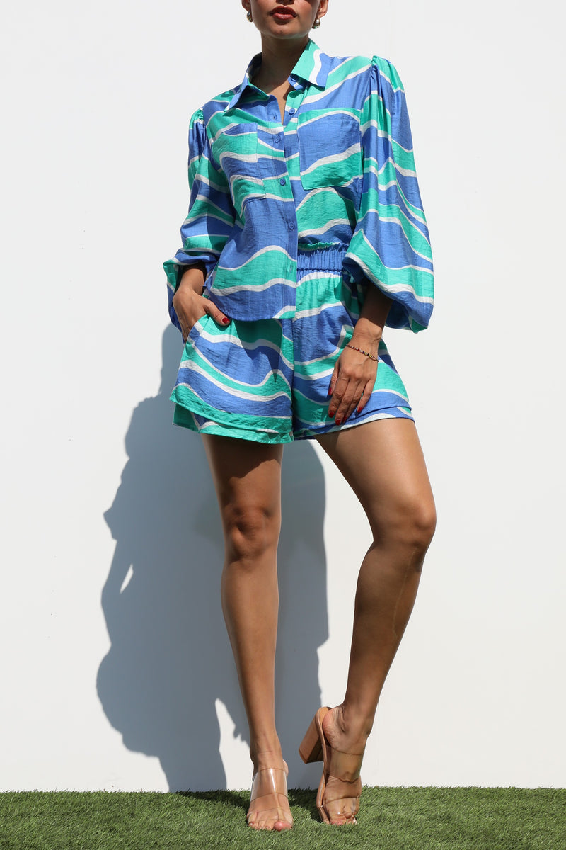 DD7328, BUTTON DOWN WOVEN SHIRT TOP AND PANTS SET