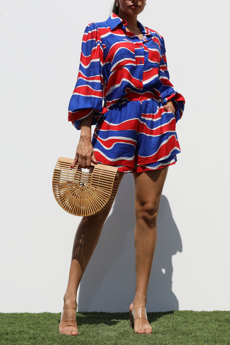 DD7328, BUTTON DOWN WOVEN SHIRT TOP AND PANTS SET