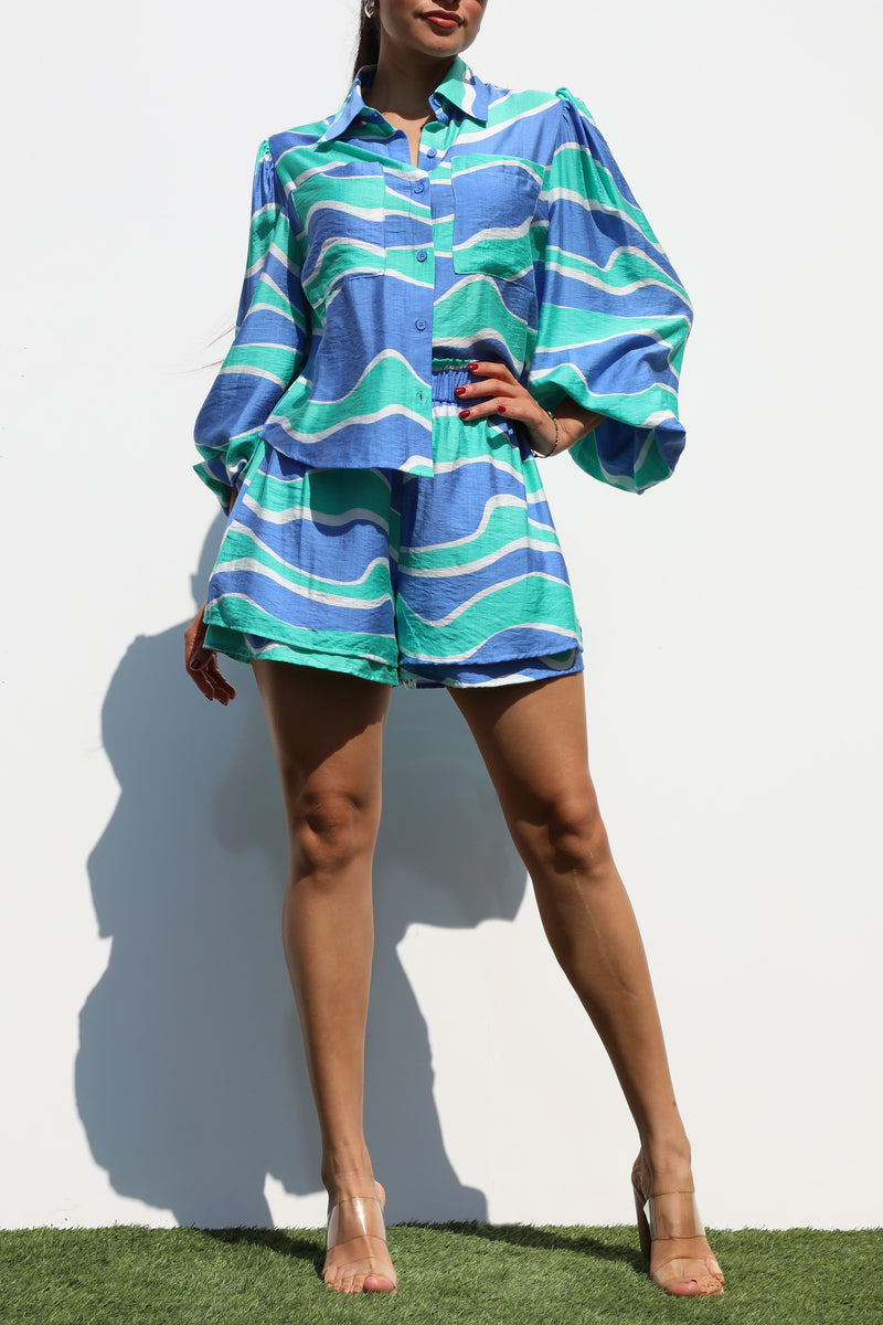 DD7328, BUTTON DOWN WOVEN SHIRT TOP AND PANTS SET