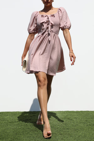 DD7341, SMOCKED TIE TOP WOVEN MINI DRESS