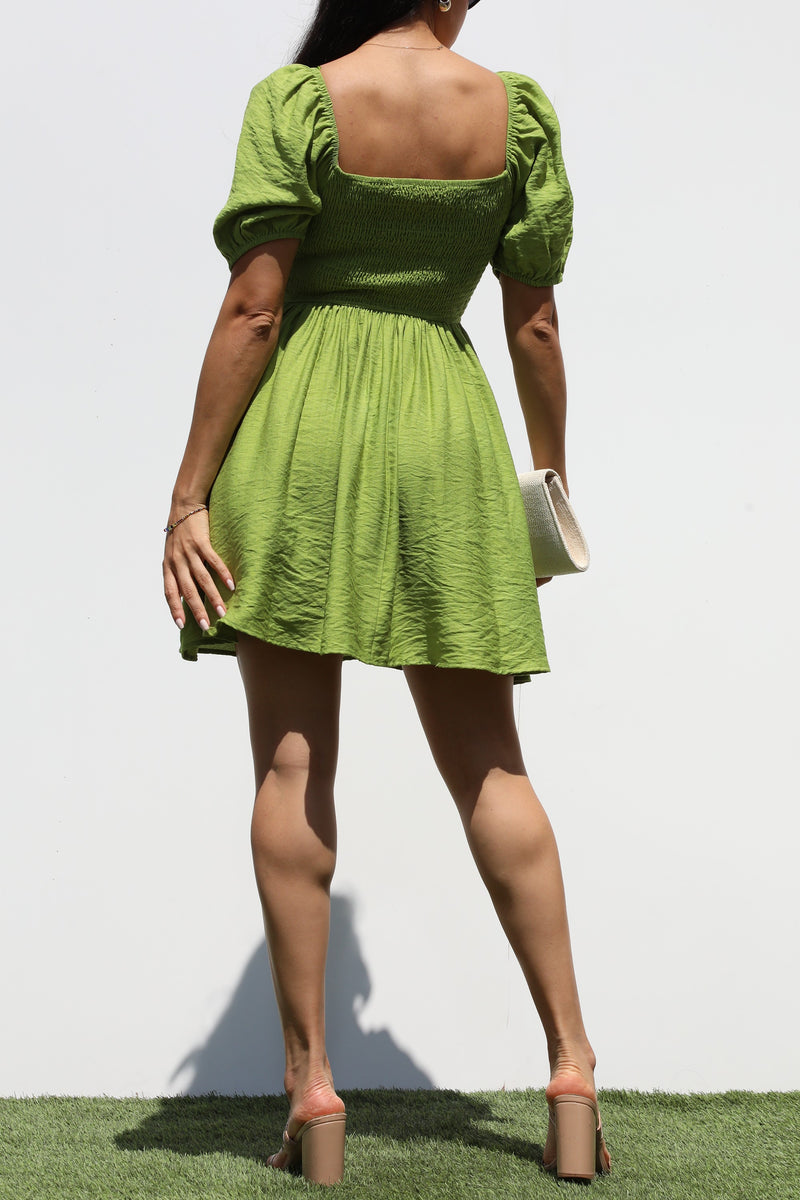 DD7341, SMOCKED TIE TOP WOVEN MINI DRESS