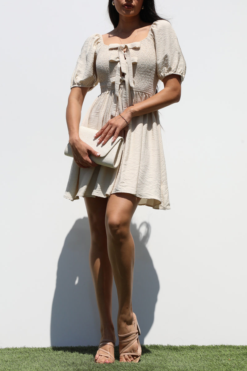 DD7341, SMOCKED TIE TOP WOVEN MINI DRESS