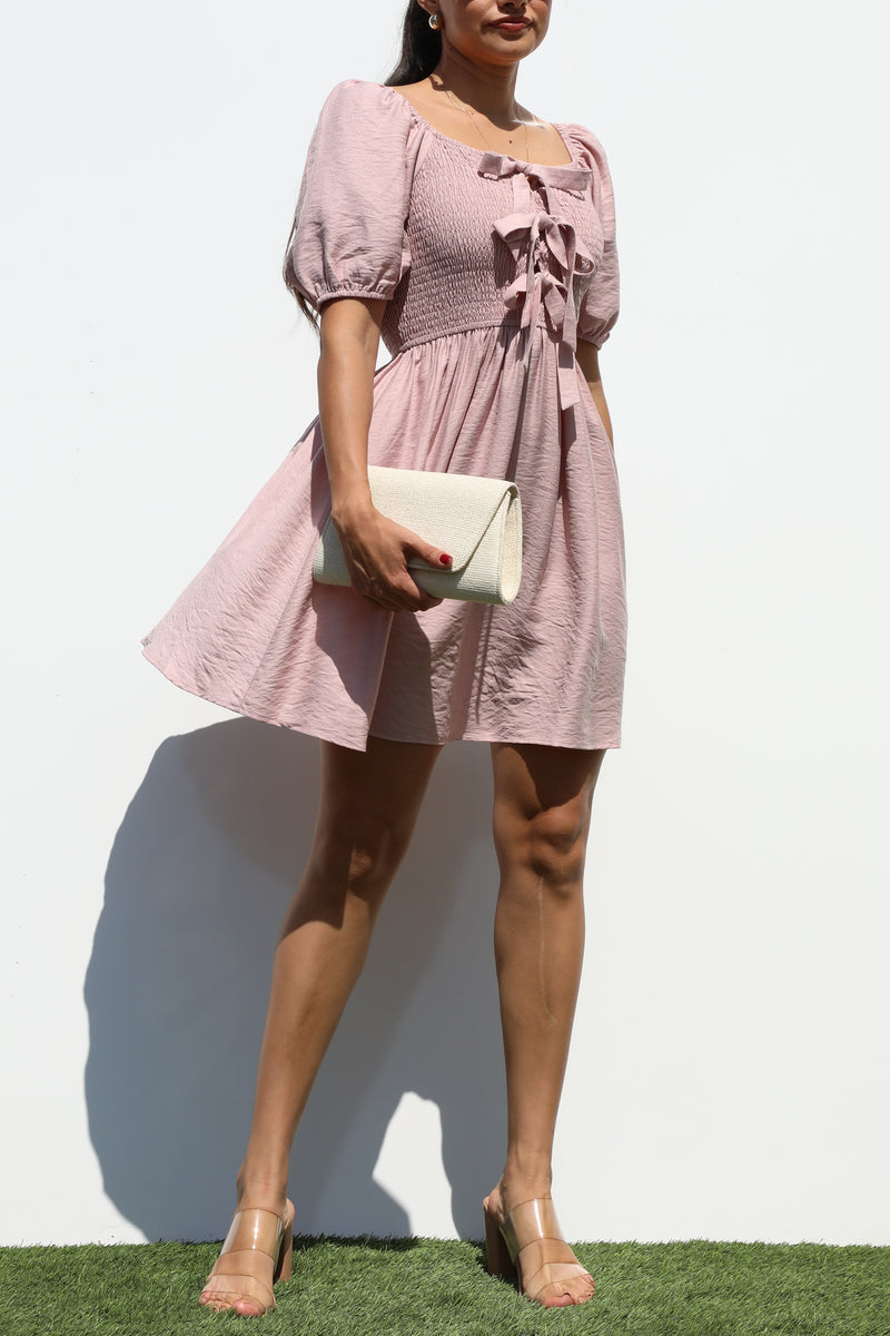 DD7341, SMOCKED TIE TOP WOVEN MINI DRESS