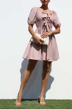 DD7341, SMOCKED TIE TOP WOVEN MINI DRESS