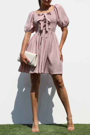 DD7341, SMOCKED TIE TOP WOVEN MINI DRESS