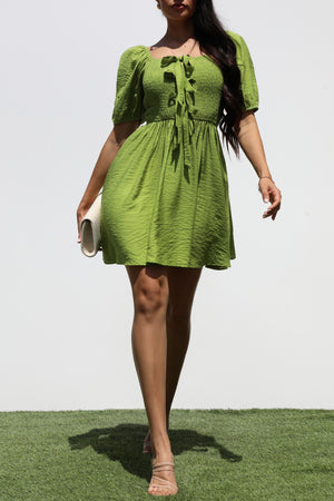 DD7341, SMOCKED TIE TOP WOVEN MINI DRESS