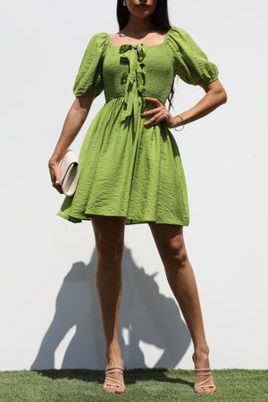 DD7341, SMOCKED TIE TOP WOVEN MINI DRESS